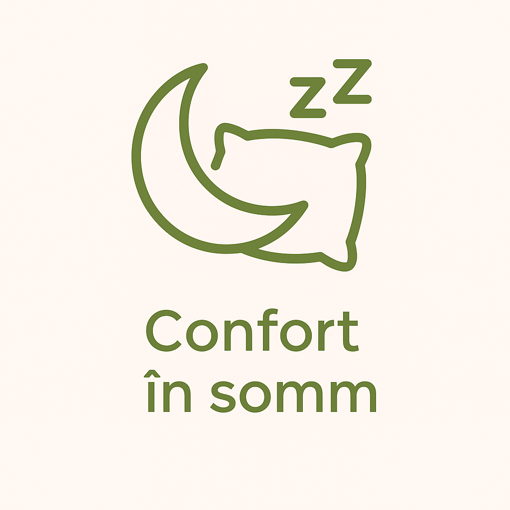 Iconiță verde minimalistă cu lună și pernă, simbolizând confortul în somn – urechi.ro