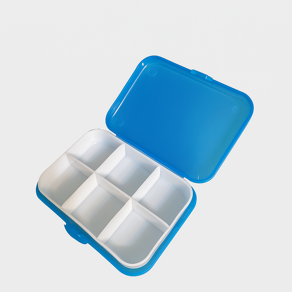 Cutie albastră cu 6 compartimente pentru plasturii de corectare a urechilor clăpăuge
