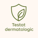 Iconiță verde minimalistă cu frunză și scut, simbolizând produse testate dermatologic – urechi.ro