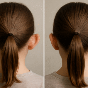 Imagine înainte și după corectarea urechilor clăpăuge la adulți, obținută cu dispozitivul de corectare urechi urechi.ro — otoplastie fără chirurgie, fără durere, cu rezultate naturale și simetrie perfectă a urechilor.