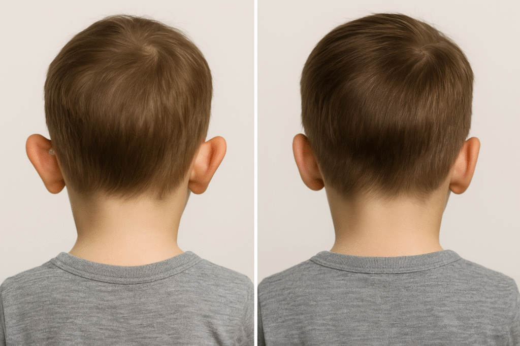 Imagine înainte și după corectarea urechilor clăpăuge la adulți, obținută cu dispozitivul de corectare urechi urechi.ro — otoplastie fără chirurgie, fără durere, cu rezultate naturale și simetrie perfectă a urechilor.